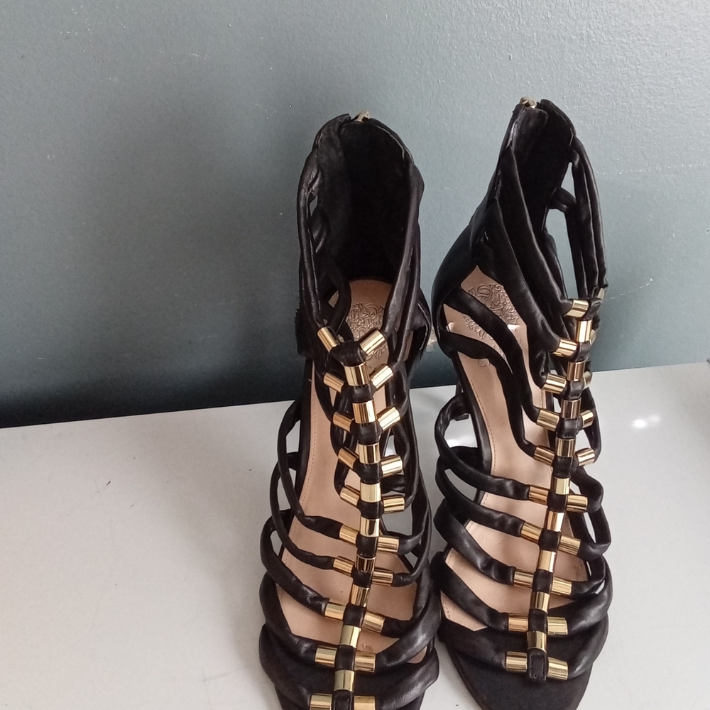 Vince Camuto Black Leather Caged Gladiator Gold Hardware Stiletto Heels Sandals
